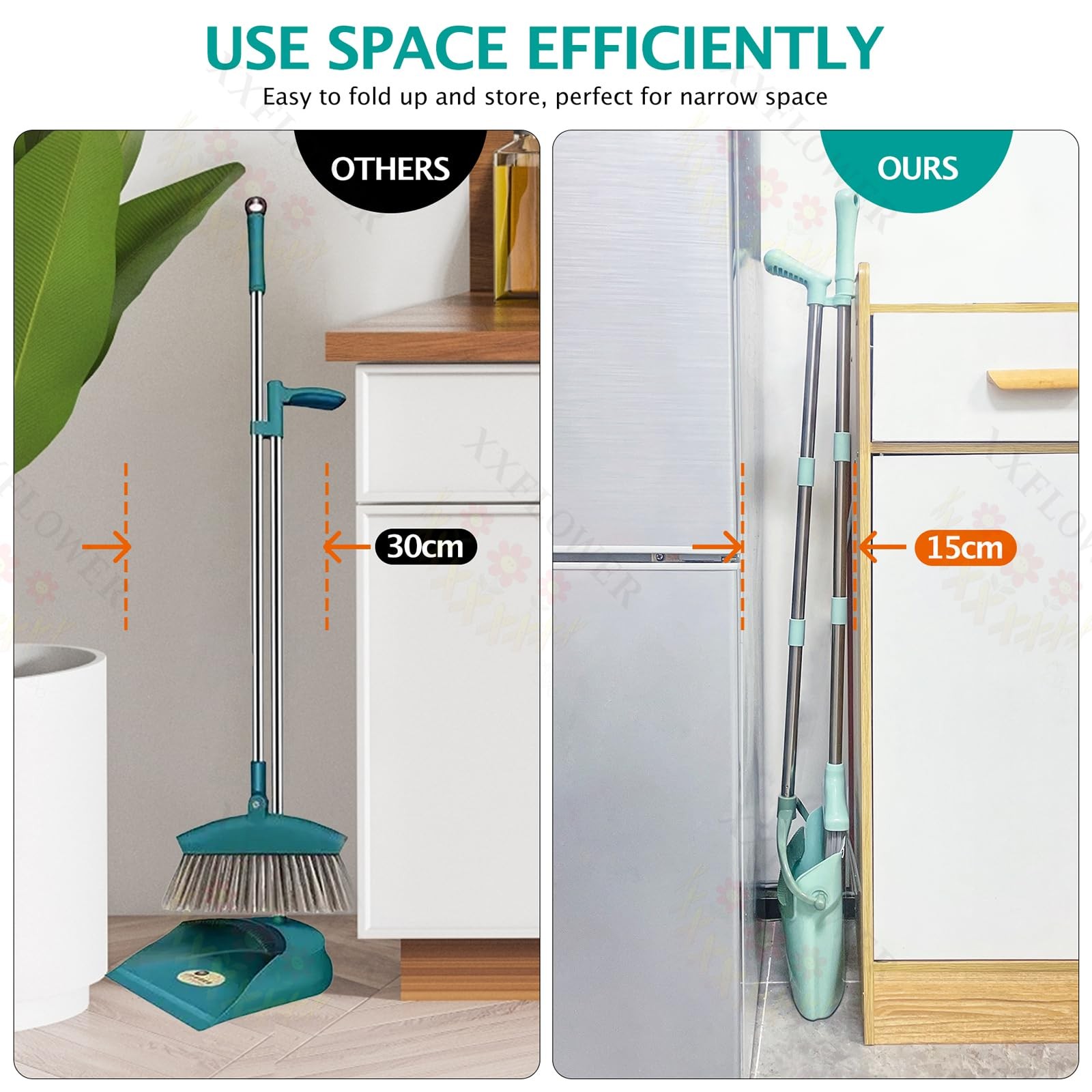 Broom and Dustpan Set with Cleaning Teeth, 55″ Long Handle Indoor Sweeping Co…