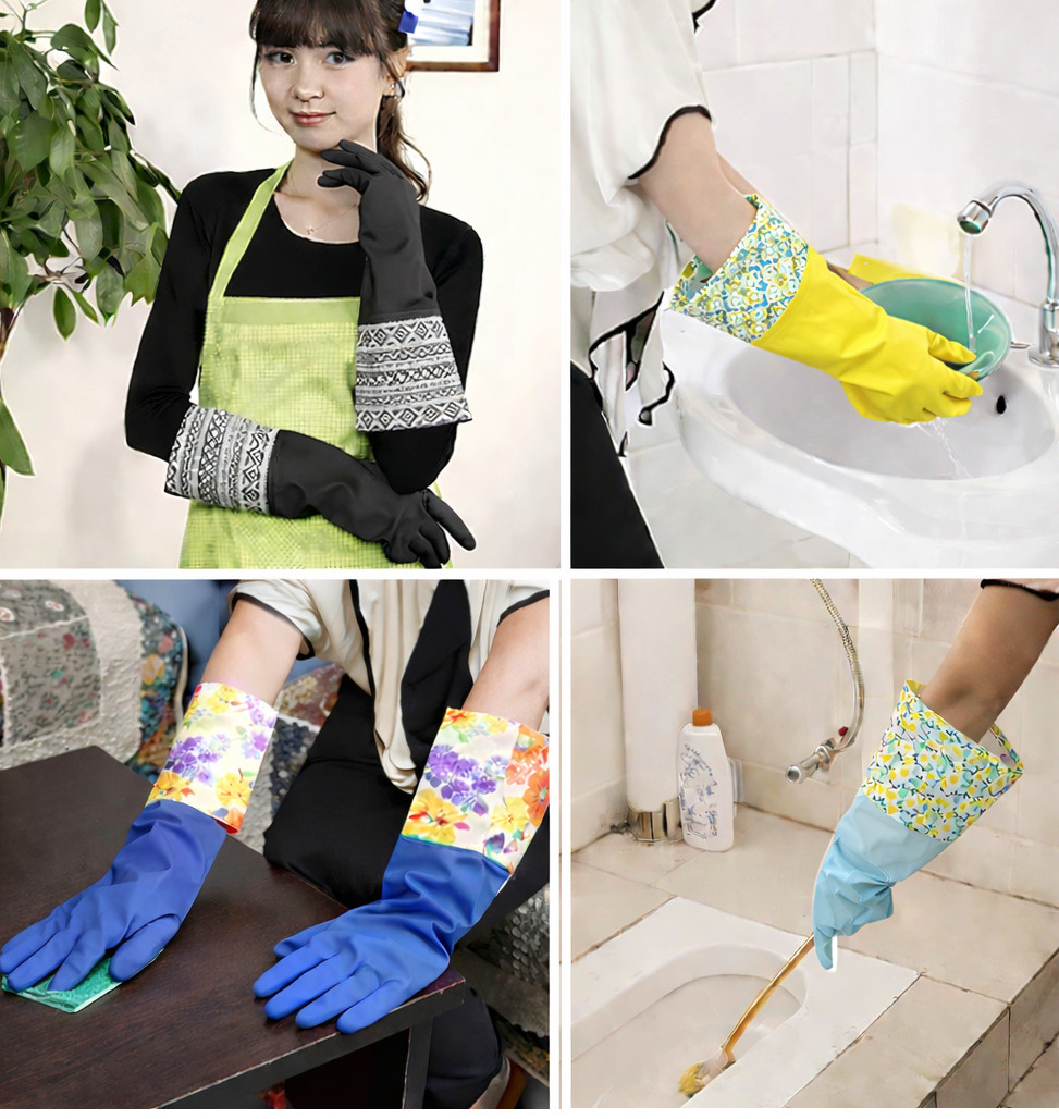 3 pair Decorative Rubber Dish Washing Gloves with Cuff Size medium Fits Most