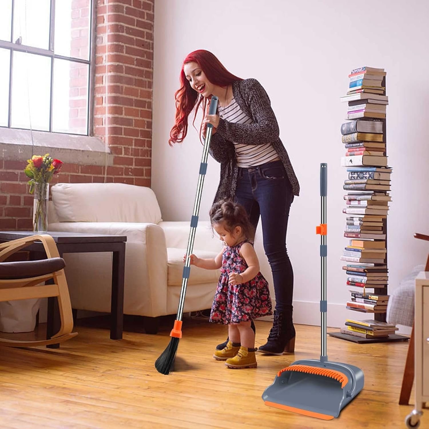 Indoor Outdoor Broom and Dustpan Set with Self-Cleaning Feature and Storage
