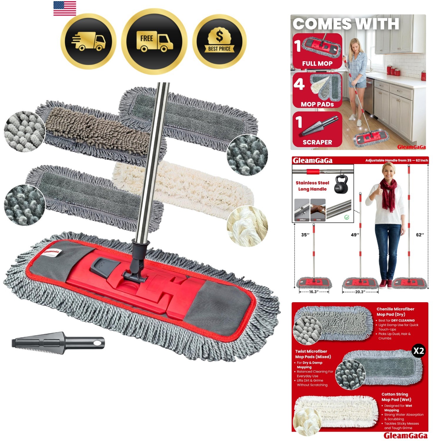 Dust Mop for Floor Cleaning with 4-in-1 Washable Pad System, Wet & Dry Multi-…