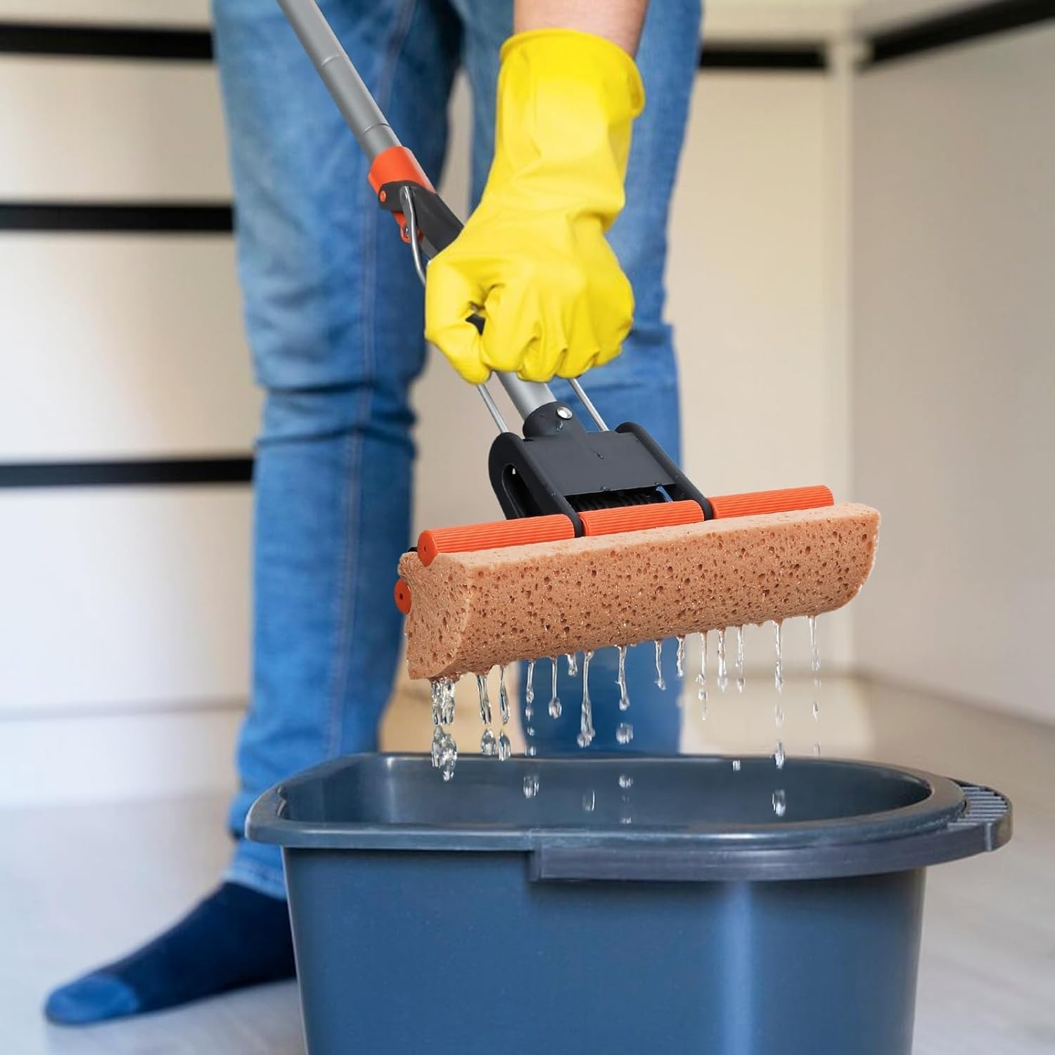Sponge Mop Floor Cleaner with 2 Refill Heads Long Handle For Hardwood Tile