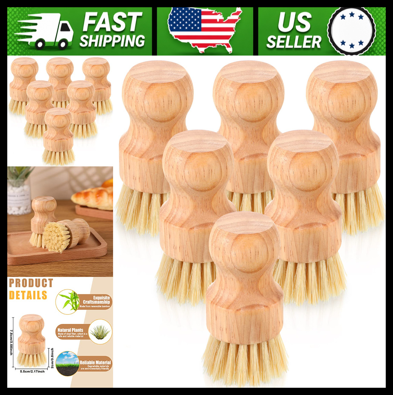Bamboo Dish Scrub Brushes 50 Pack Wooden Kitchen Scrubbers Natural Sisal