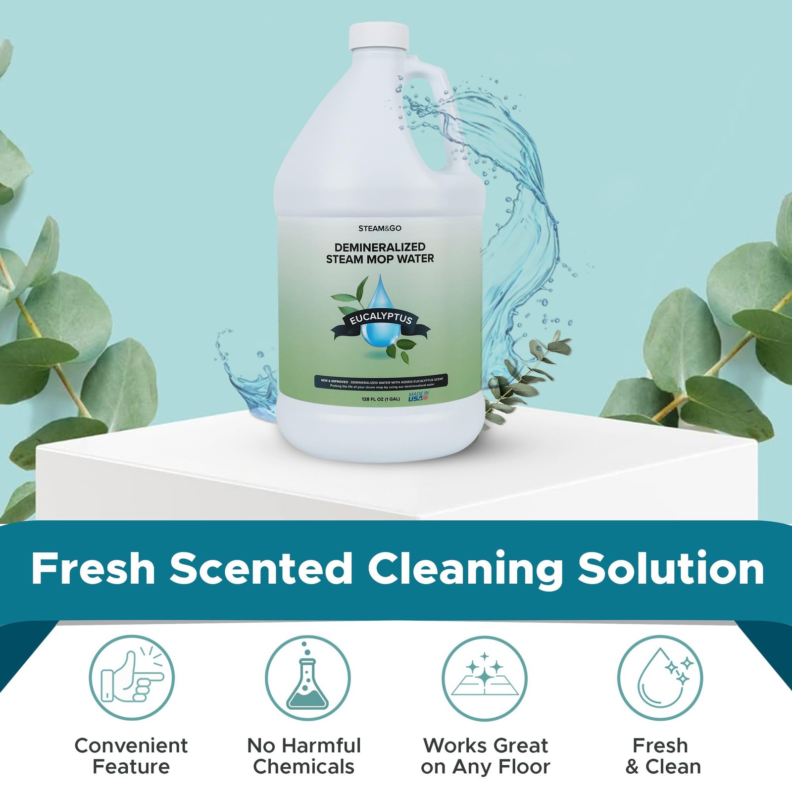 Steam & Go Demineralized Water for Steam Mop – Eucalyptus Mint Scent, 128 oz …