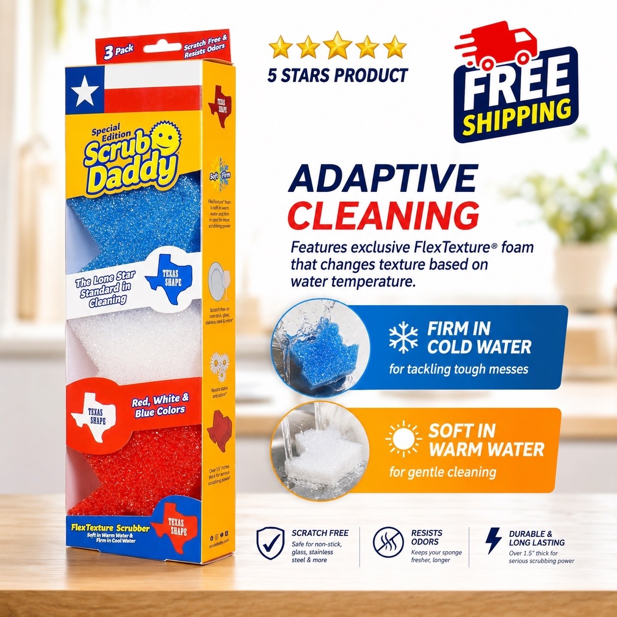 Scrub Daddy Special Texas Edition, Red, White & Blue Scrubbers, 3-Pack TX Shape