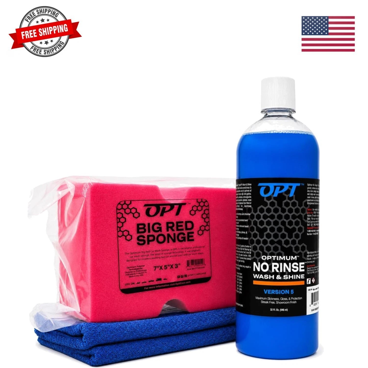 Optimum No Rinse Version 5 32 Oz, Microfiber Drying Towel, and Big Red Sponge…