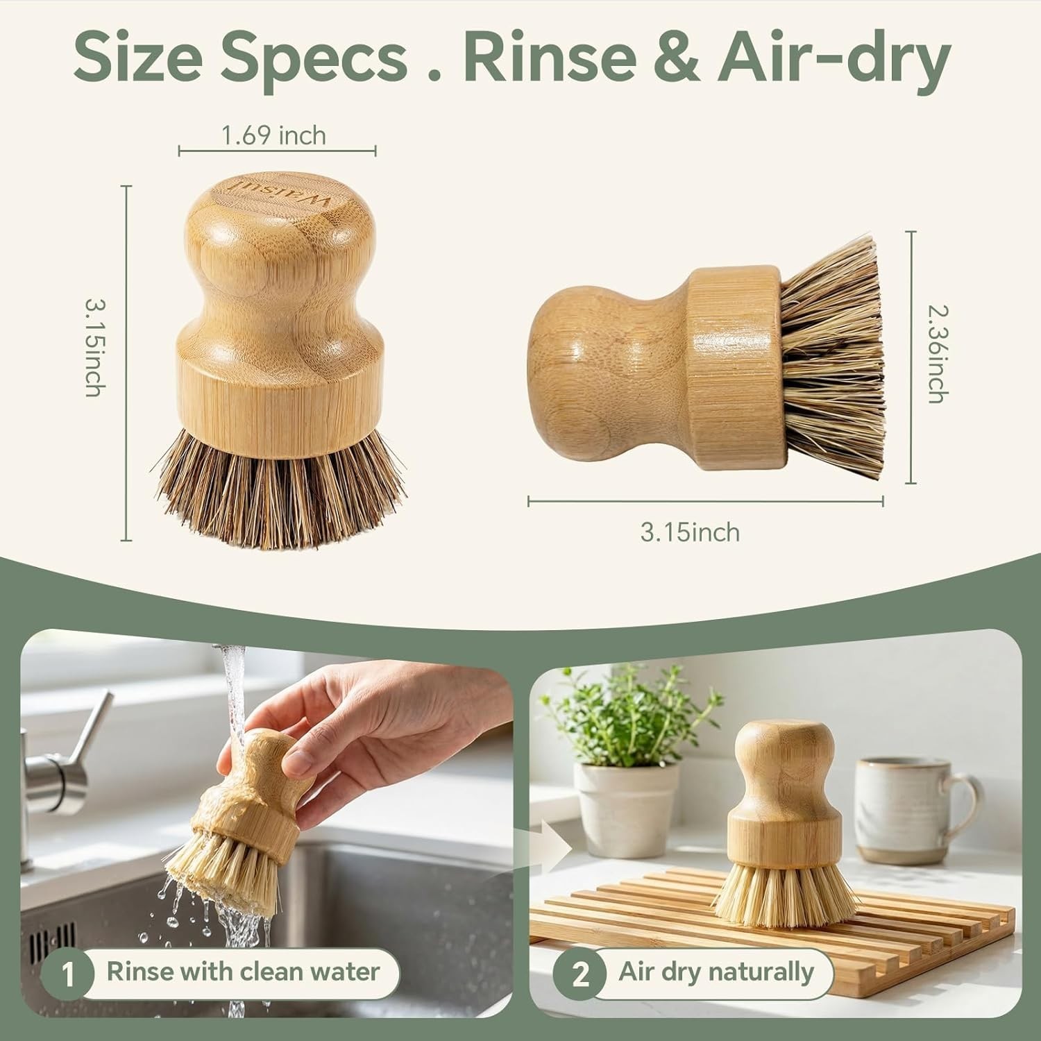 2 Medium Sisal & 2 Firm Coconut Coir Brushes: Sustainable Dish Cleaning Duo