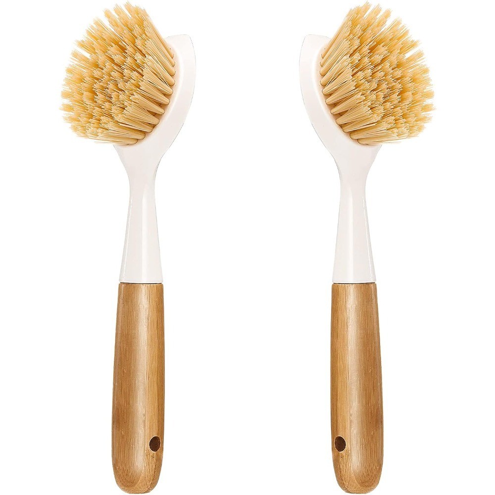 2 Pack Dish Scrubber Brush with Bamboo Handle and Built-in Scraper for Pots Pans
