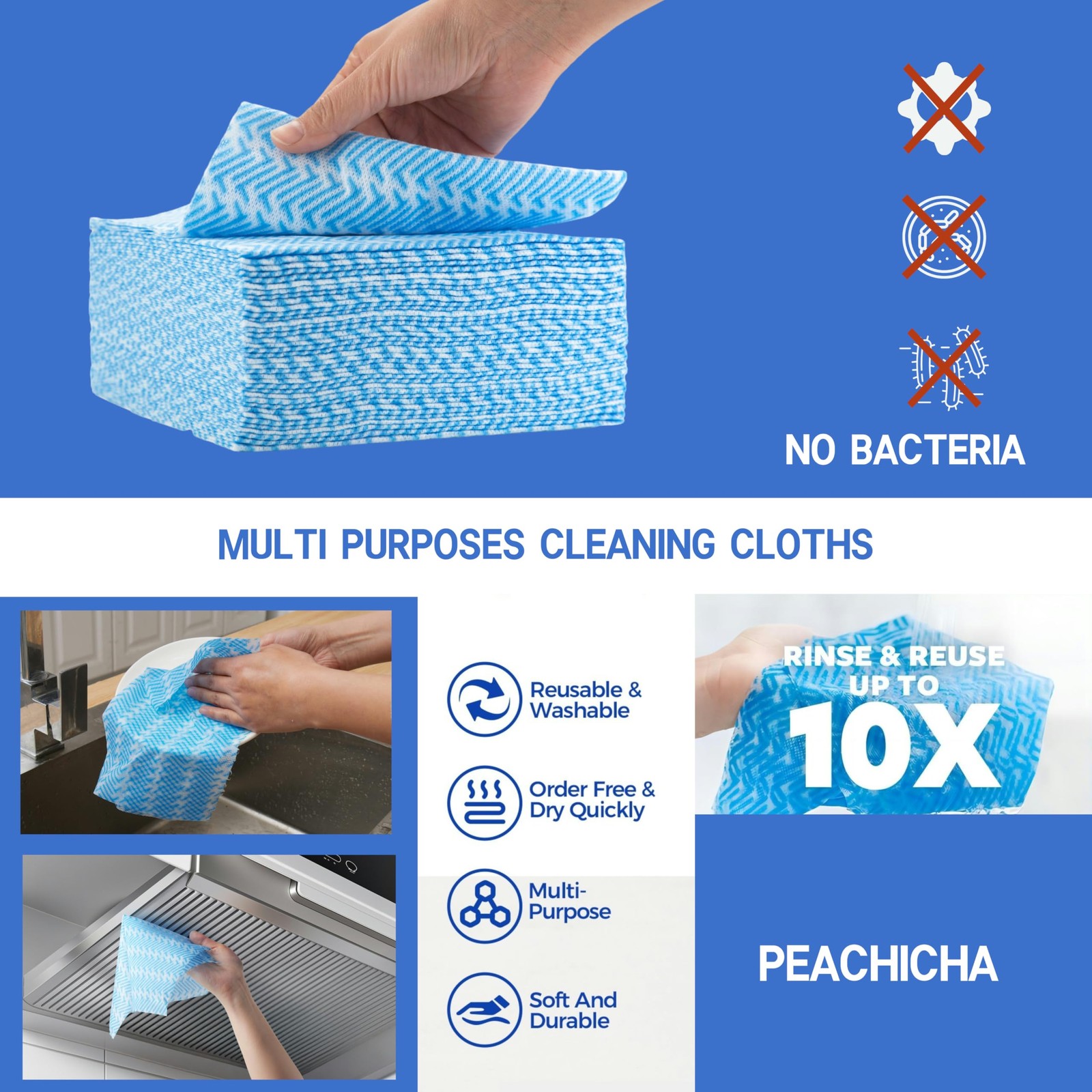 Peachicha Reusable Cleaning Towels, Multi-Purpose Handy Large, Blue,50 Pcs