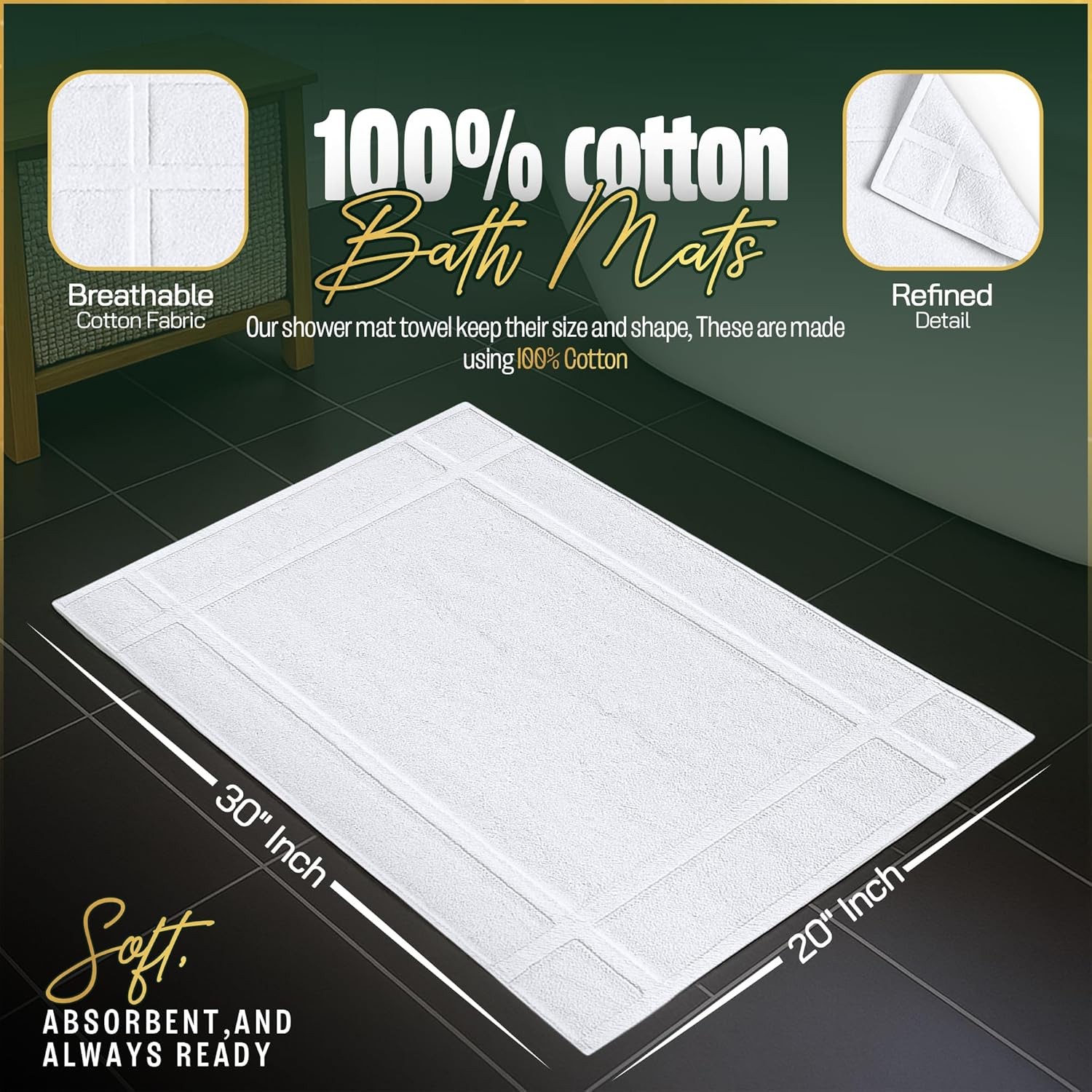 Pack of 6 100% Cotton Bath Mat Towels, 20×30 inches, Soft & Absorbent Floor