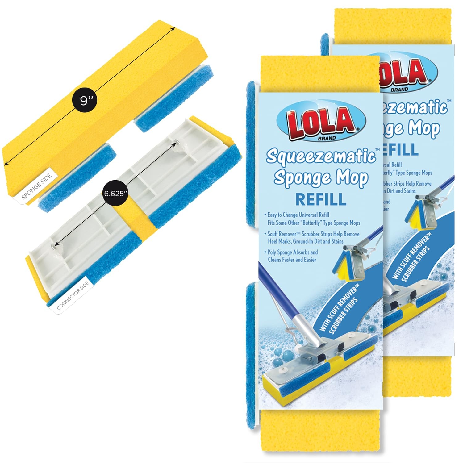 LOLA Squeeze Matic Butterfly Sponge Mop Refill, 9″, 2 Pack Replacement Head, …
