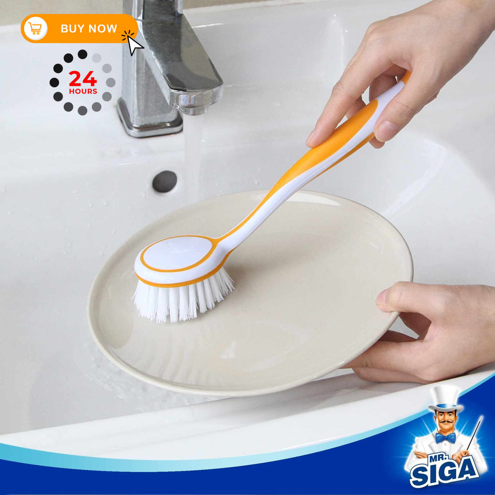 MR.SIGA Round Dish Brush, Size: Dia 6.5 X 5.5 X 25 cm, Green, Blue, Orange