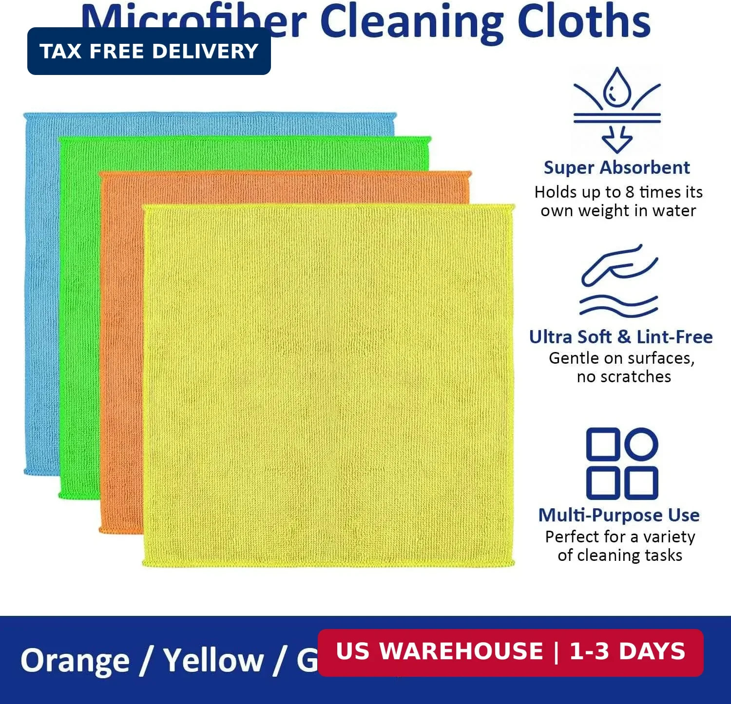 Microfiber Cleaning Cloths (12-Pack), 14″ x 14″, Ultra Absorbent, Lint-Free
