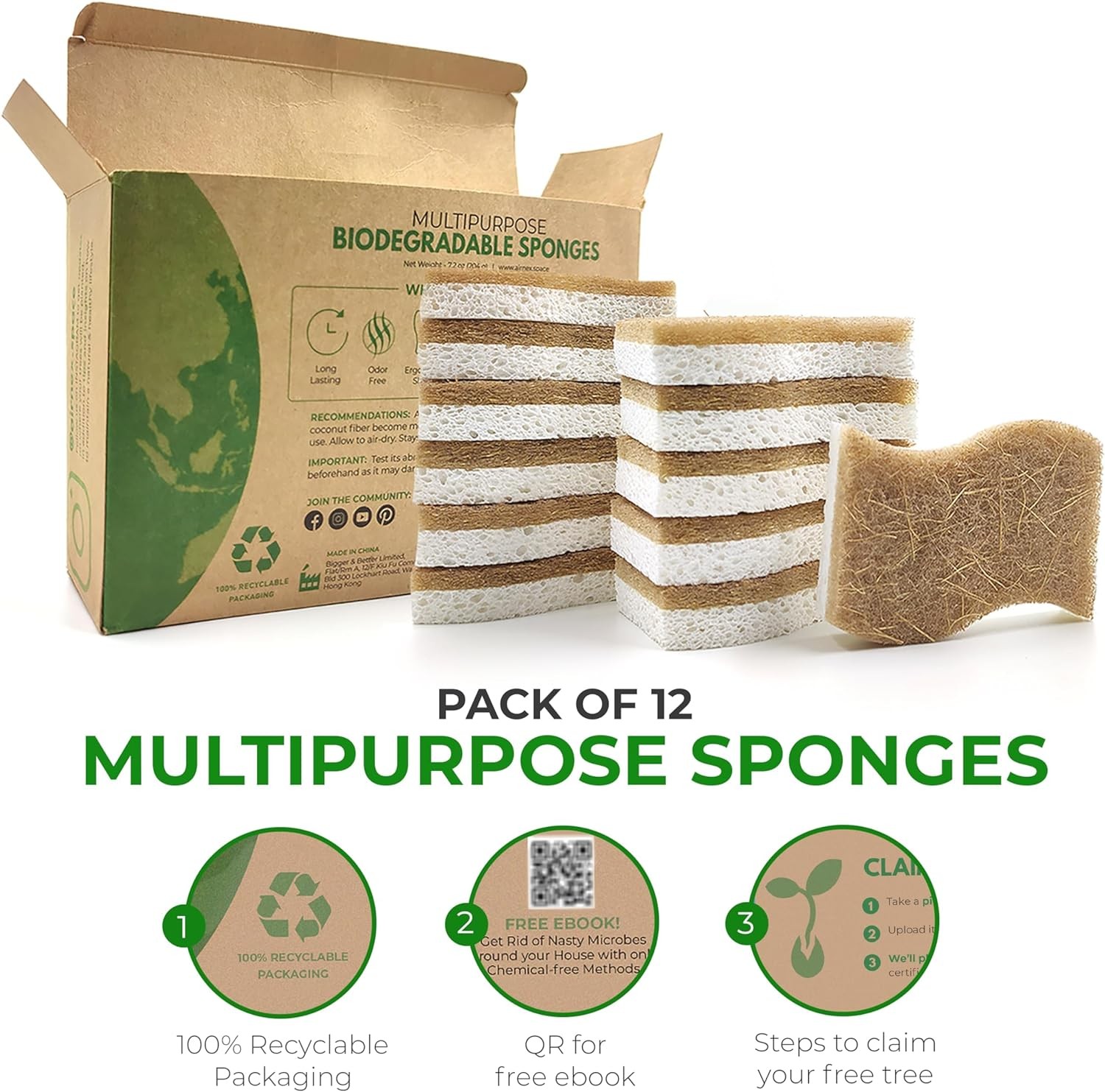 Natural Kitchen Sponge – Biodegradable Compostable Cellulose and Coconut Scrubbe