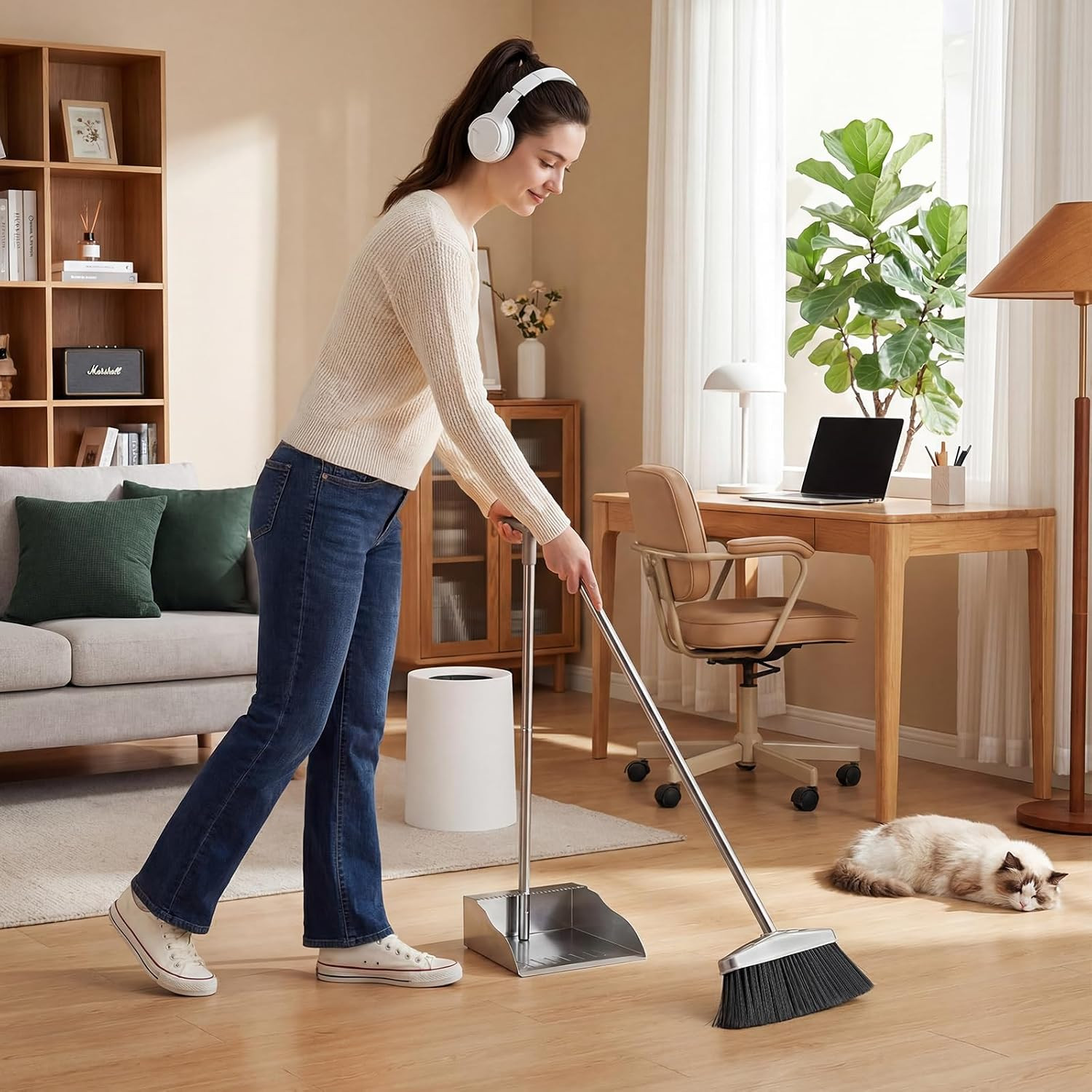 Metal Broom with Dustpan Combo Set-Long Handle Broom with Dustpan,Heavy Duty
