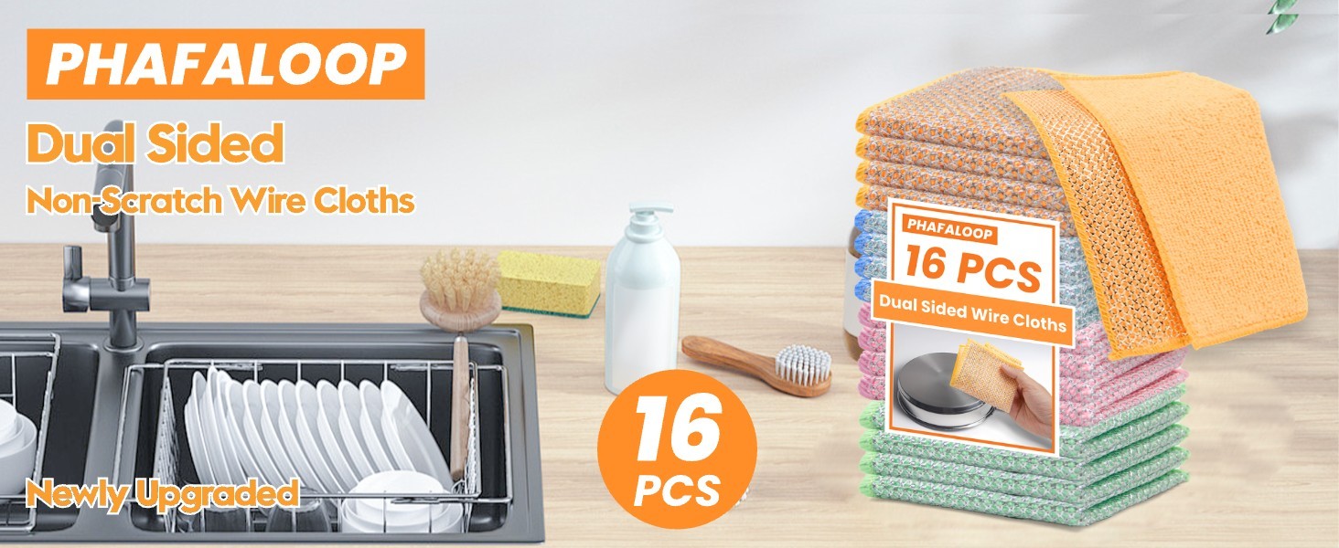 16 Pcs Multipurpose Wire Dishwashing Rags, Upgraded Dual-Sided Non Scratch Wire