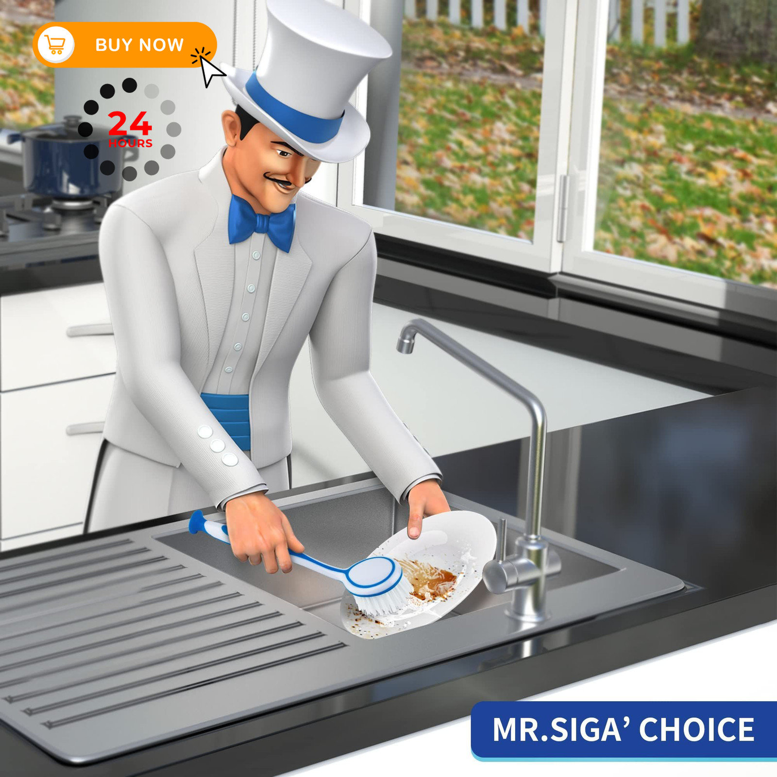 MR.SIGA Round Dish Brush, Size: Dia 6.5 X 5.5 X 25 cm, Green, Blue, Orange
