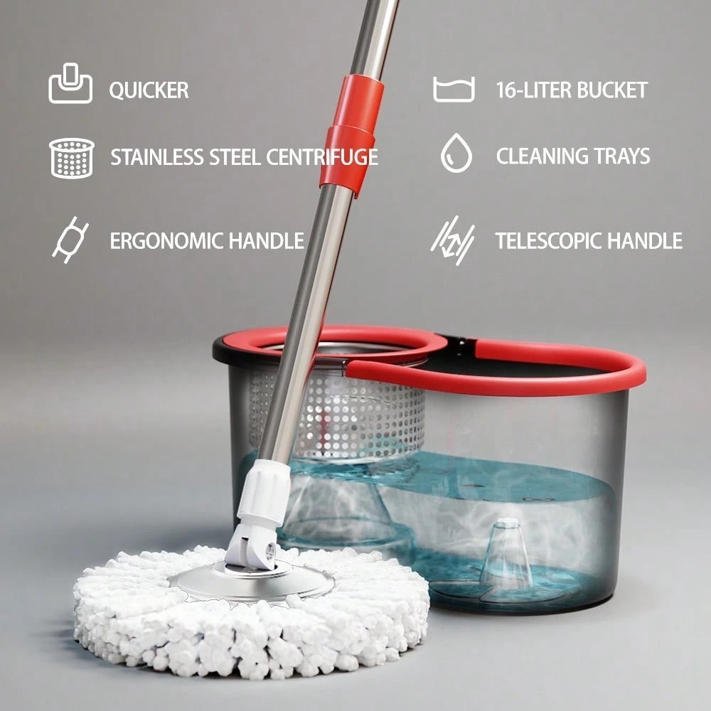 New Easy Spin Mop Bucket Set 3 Microfiber Refills 61in Long Reach Handle Sleek