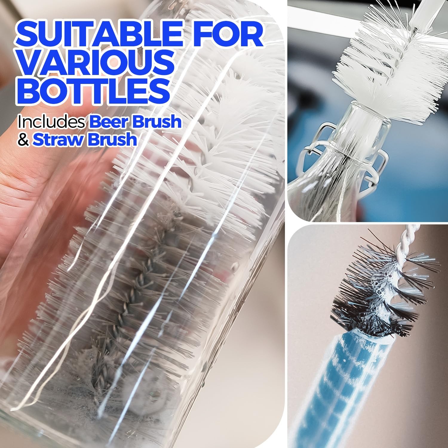 Holikme 10 Pack Bottle Brush Cleaner Set, 15″ Long Handle Whitegrey
