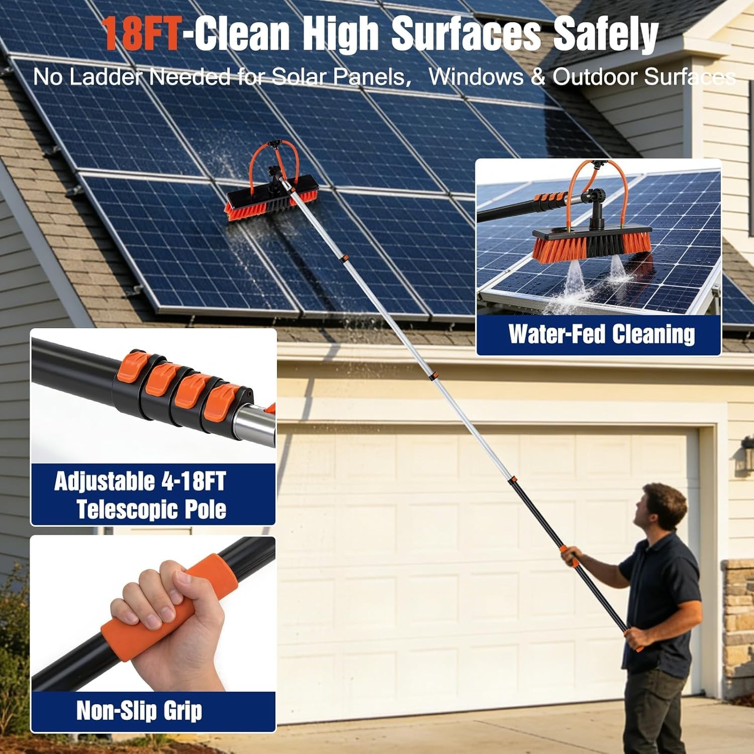 Water Fed Pole Window Cleaning System, Solar Panel Kit, 180° Brush & Soap Dispen