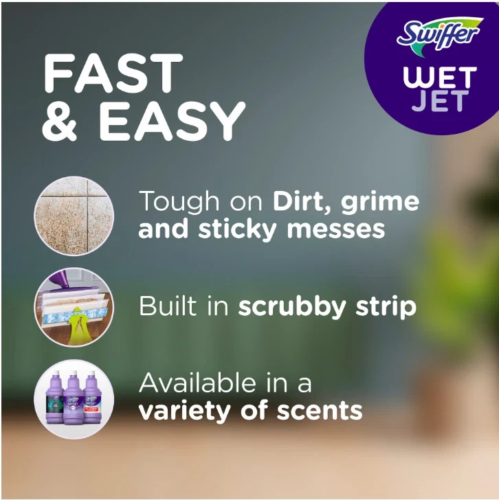 Swiffer Wet Jet with Refill, Unscented, 1 Handle + 1 Solution & 5 Pads + Battery