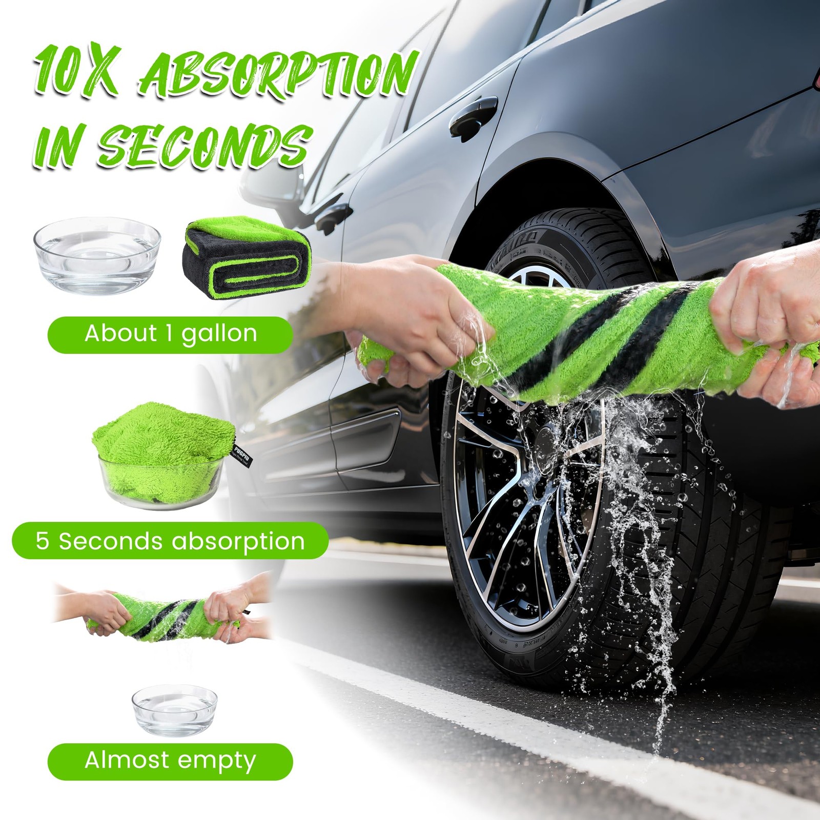 PUGPIU Car Drying Towel – 1400GSM Extra Large Super Absorbent 36″X24″, Green