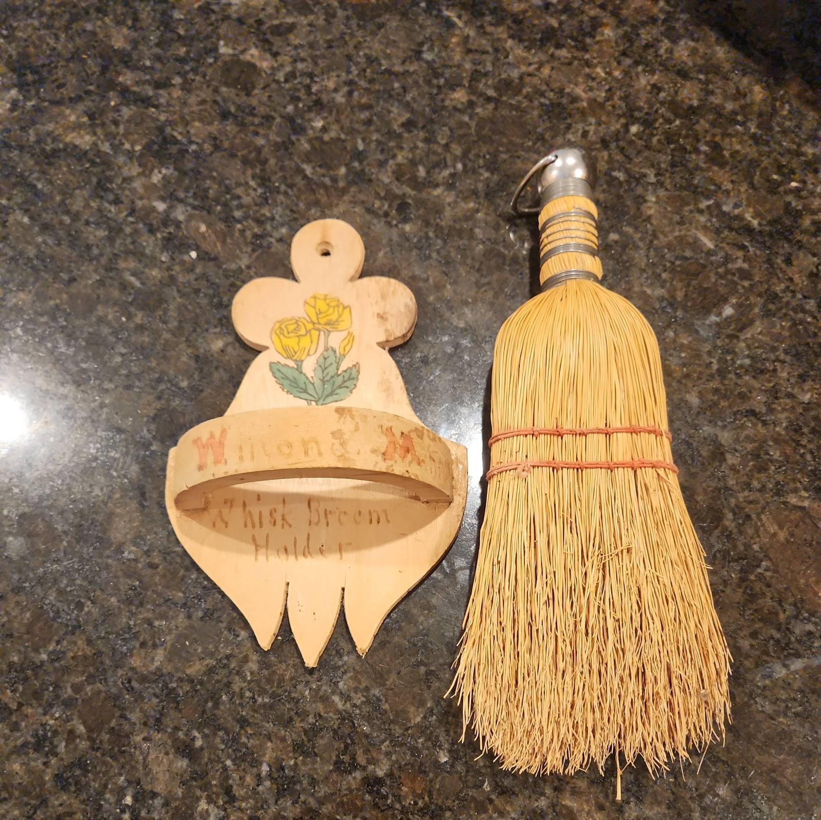 Vintage Straw Whisk Broom with Metal Handle and Wood Hanger, 10” Tall