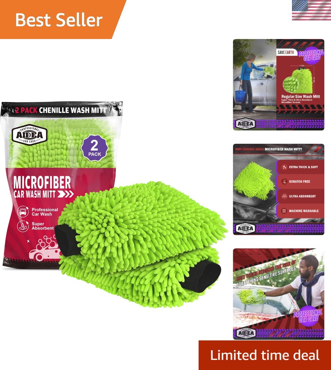 2-Pack Microfiber Car Wash Mitts – Extra Plush, Lint-Free & Scratch-Free, Green