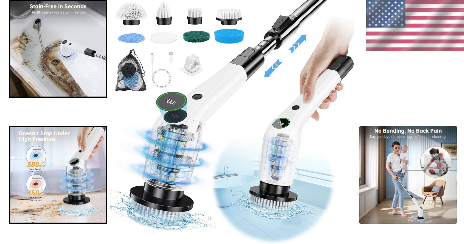 Electric Spin Scrubber Cordless Shower Scrubber with 8 Brush Heads 2 Speed Ad…