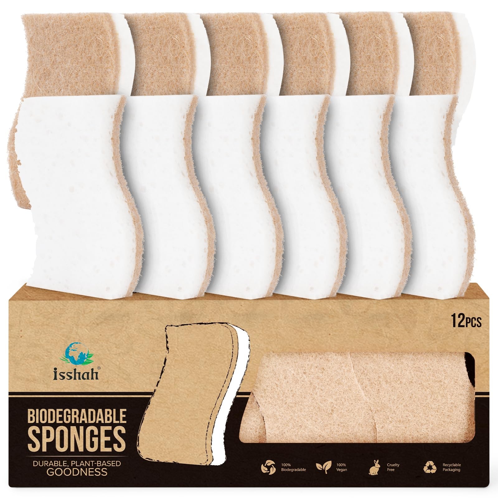 Isshah Plant-Based Kitchen Sponges – FSC Certified and PETA Approved, 12 Count