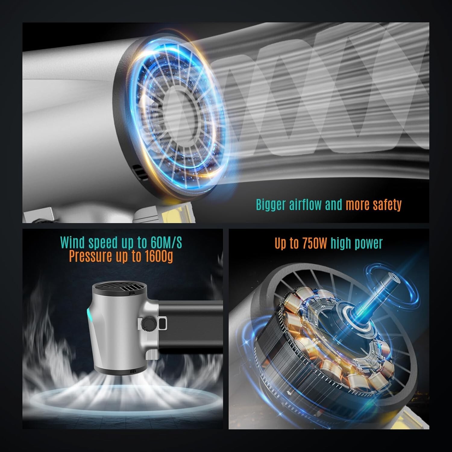 750W Cordless Air Duster Blower LED Car Dryer 1.6KG Thrust 80min Battery – NIB