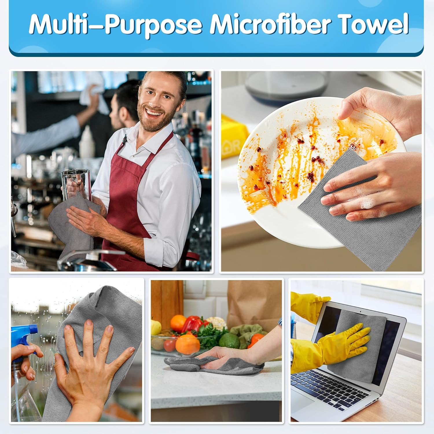 Shop Towels, Pack of 100, Grey Microfiber Cleaning Cloth Bulk