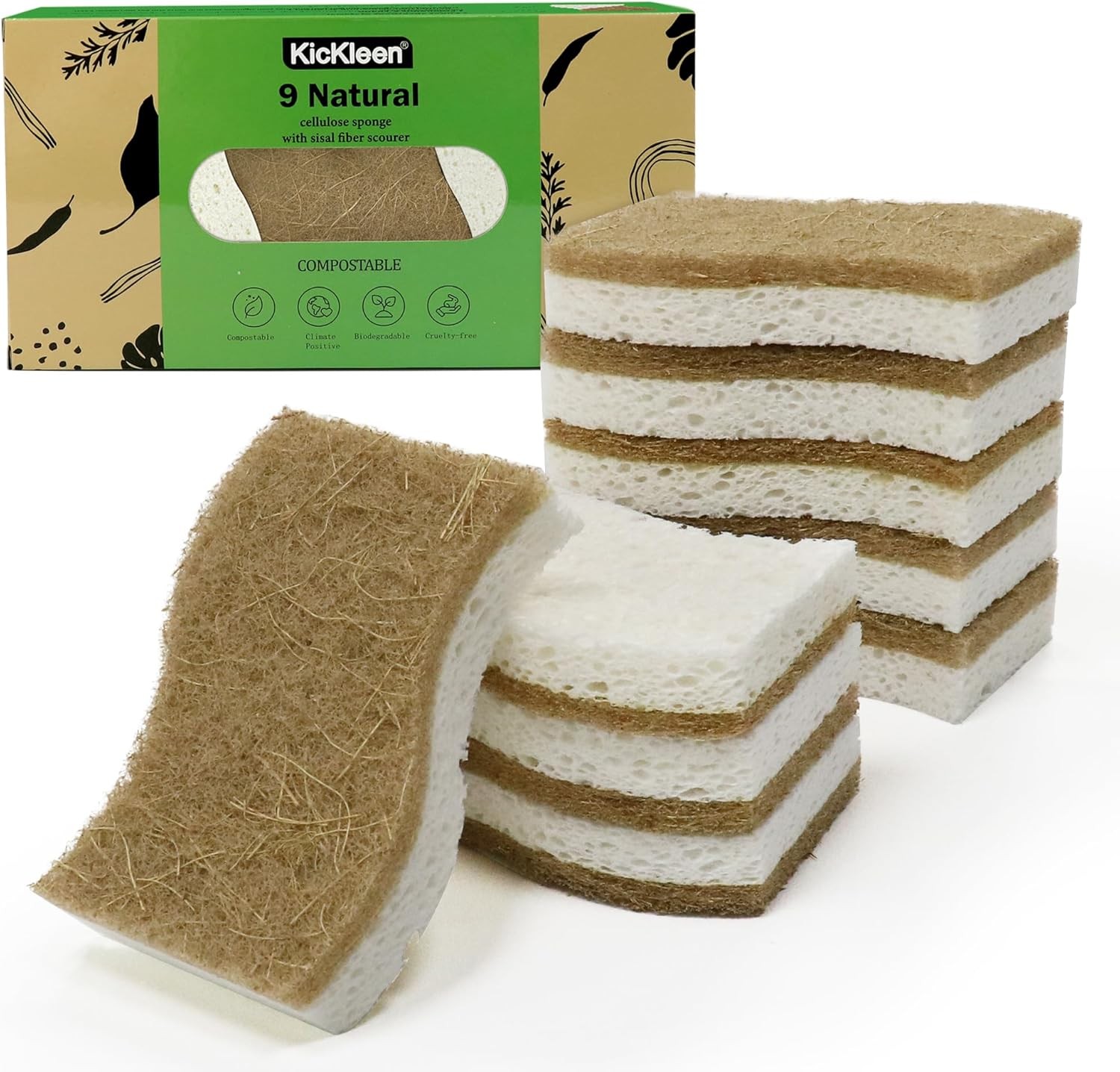 Natural Kitchen Sponge 9 Pack Biodegradable Compostable Cellulose Coconut
