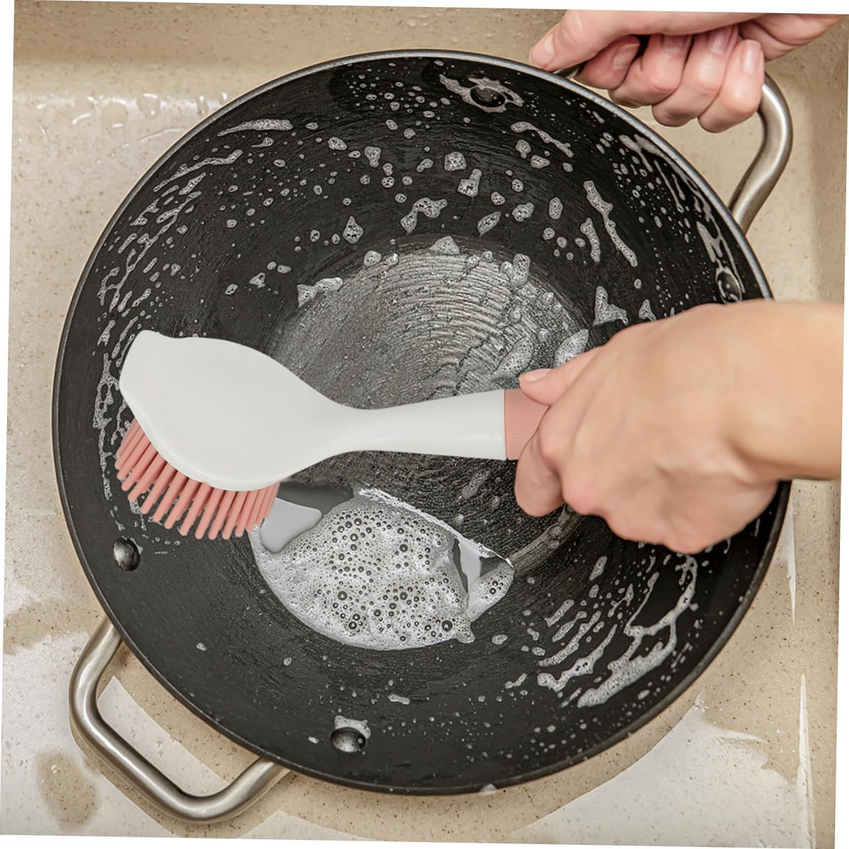 2Pcs Kitchen Brush Non-Stick Silicone Dish Scrubber with Long Handle Durable Pot