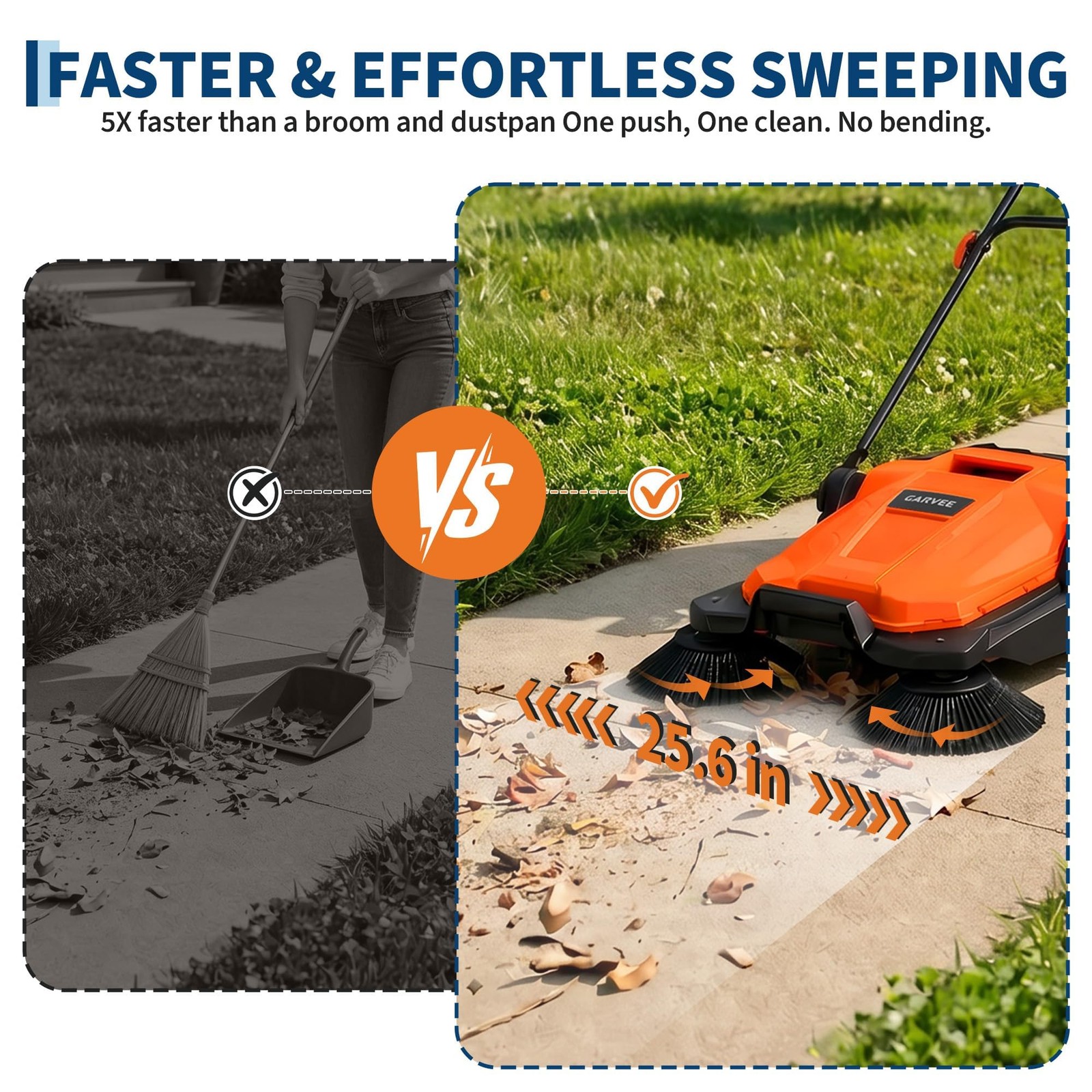 25.6″ Width Manual Sweeper Walk-Behind Hand Push Floor Sweeper Adjustable Handle