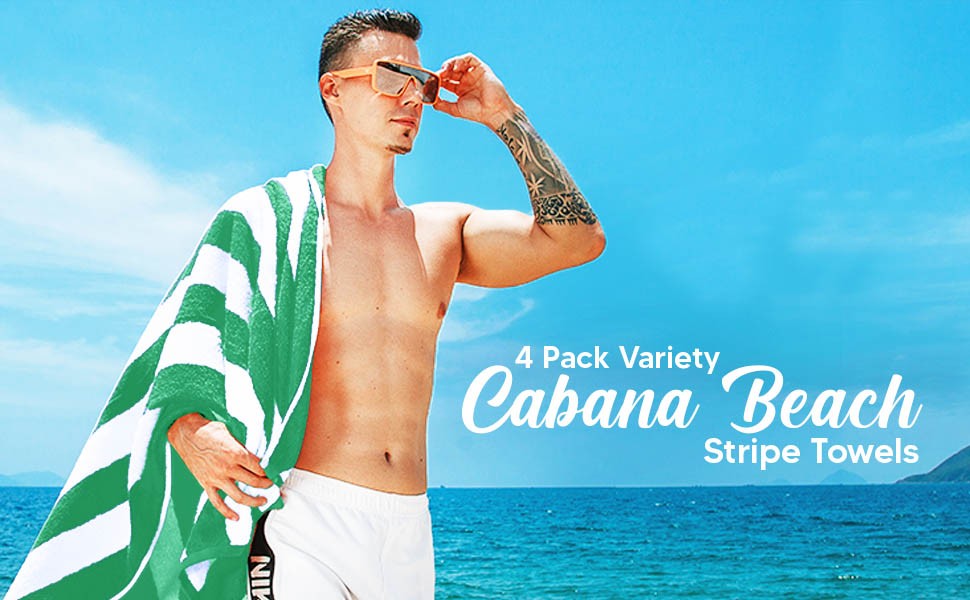 Pack of 4 Cabana Beach Towels, Oversized 30 x 60 Inches Cotton Beach Towel Set,