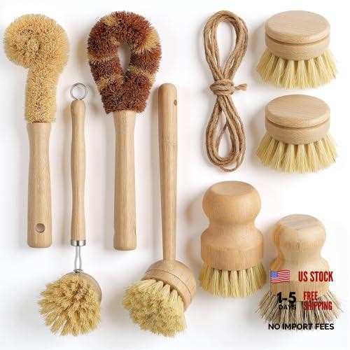 9 Pcs Bamboo Dish Brush Set Wooden with Sisal and Palm Fiber