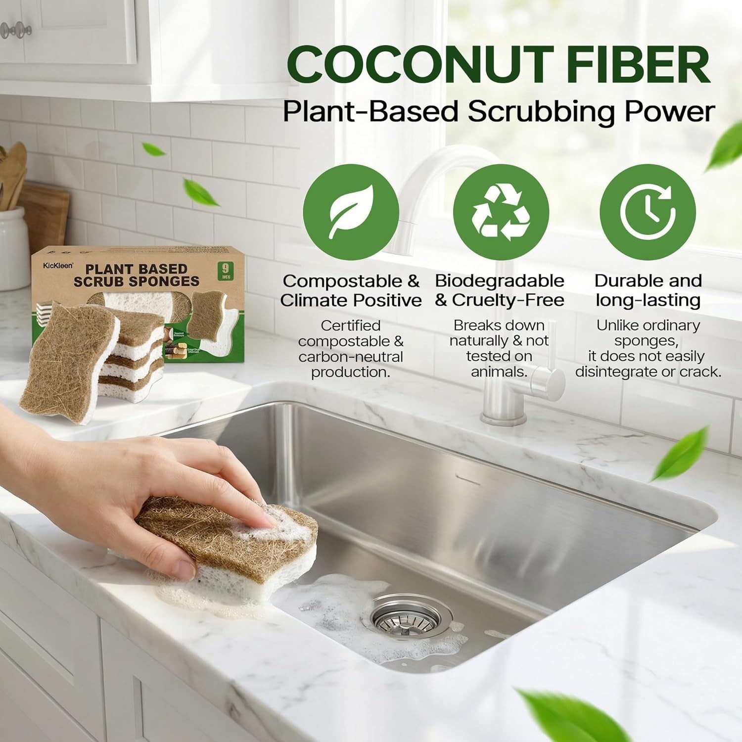 9 Pack Natural Biodegradable Kitchen Sponges Cellulose Walnut Scrubber Pads