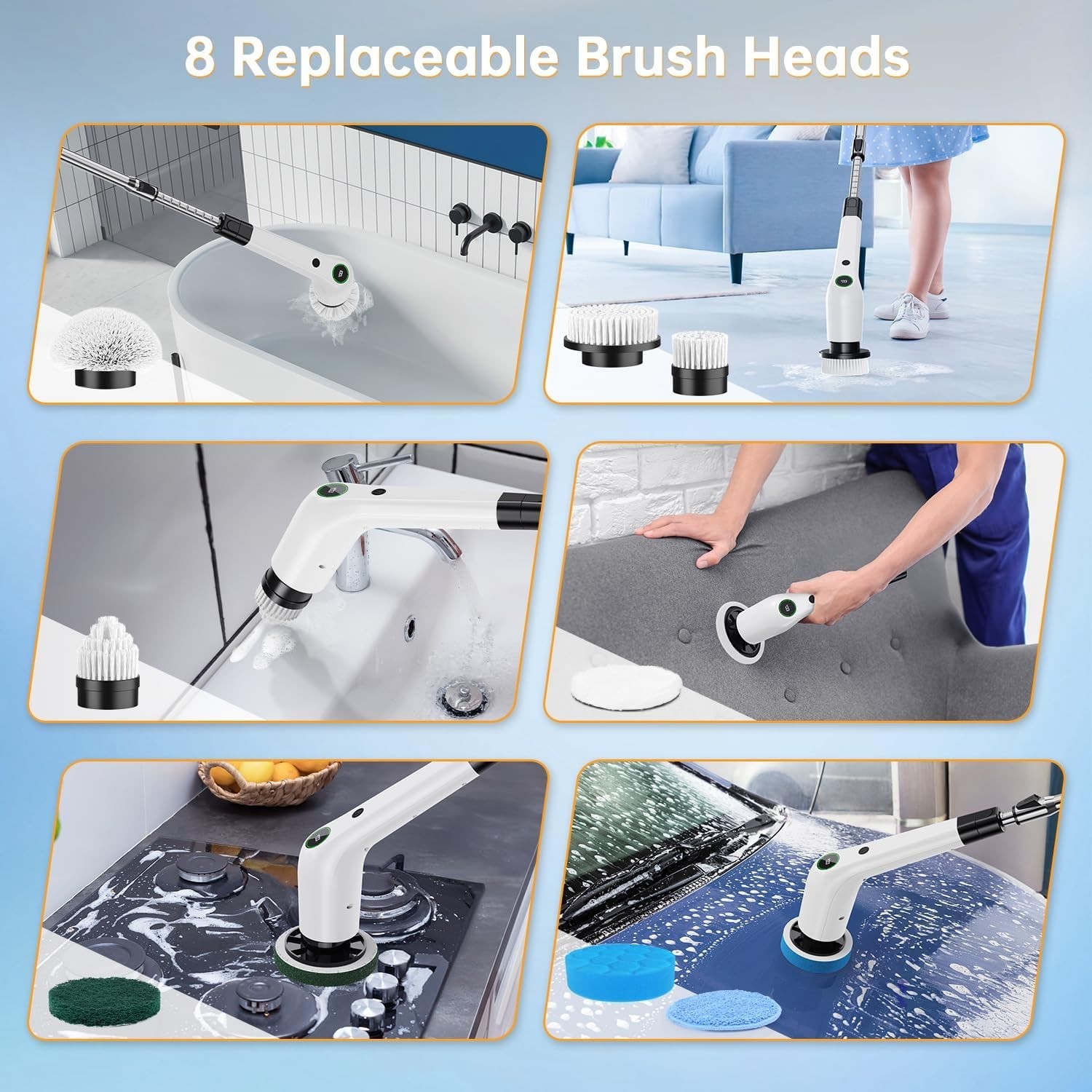 Electric Spin Scrubber Cordless Shower Scrubber with 8 Brush Heads 2 Speed Ad…