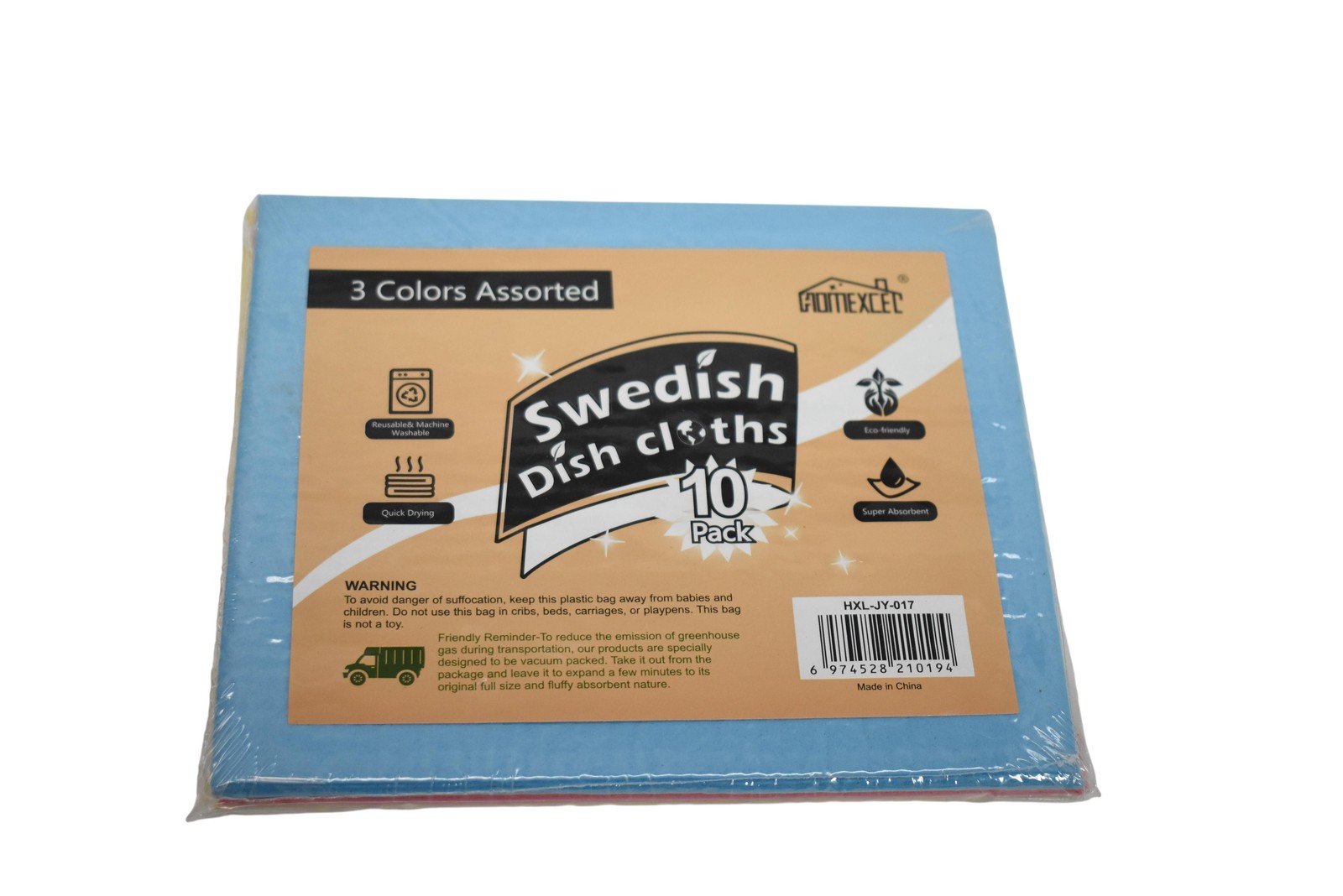 HOMEXCEL Swedish Dish Cloths 10 Pack 3 Colors Assorted Kitchen Reusable Eco
