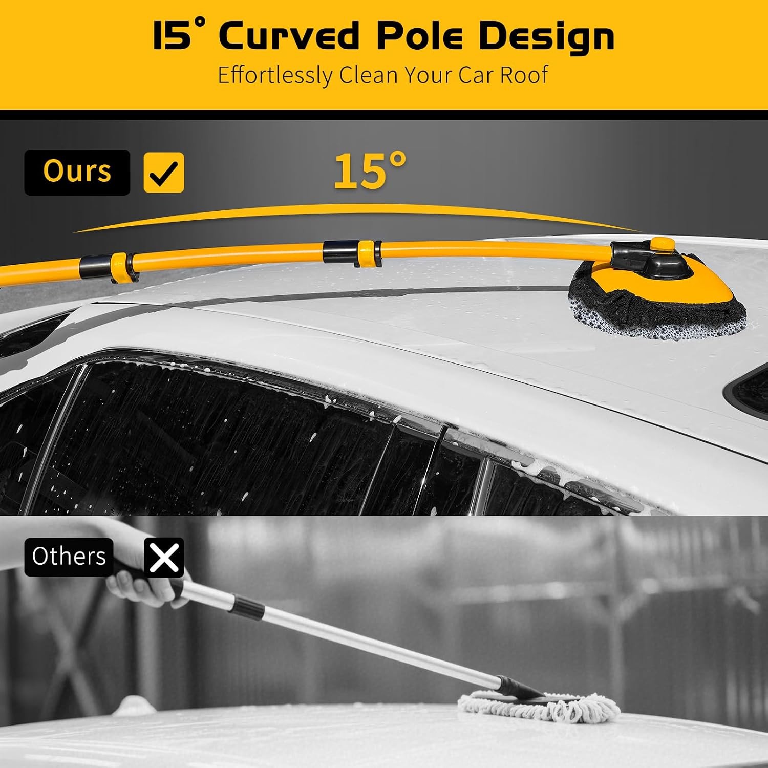 15 Degree Curved Long Handle Car Wash Brush Extension Black Yellow 43 Inch Car