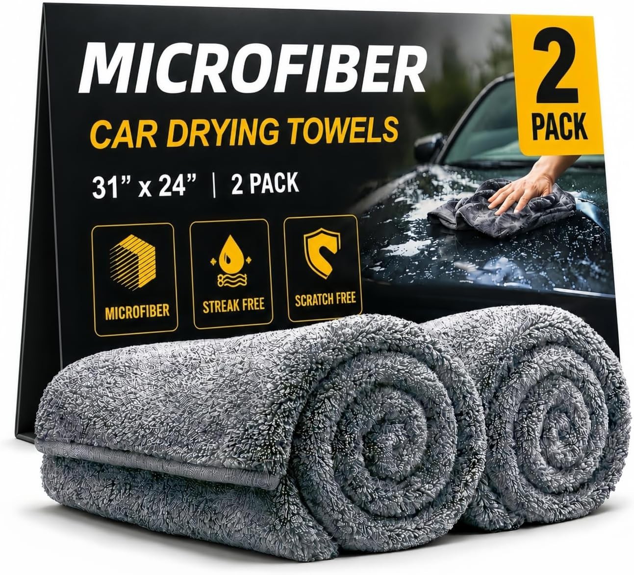 2 Pack Professional Large Microfiber Car Drying Towels 31″ x 24″, Microfiber …