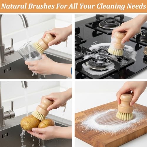 14 Pack Bamboo Dish Brush Set – Natural Sisal Scrubs for Pots Pans Sinks