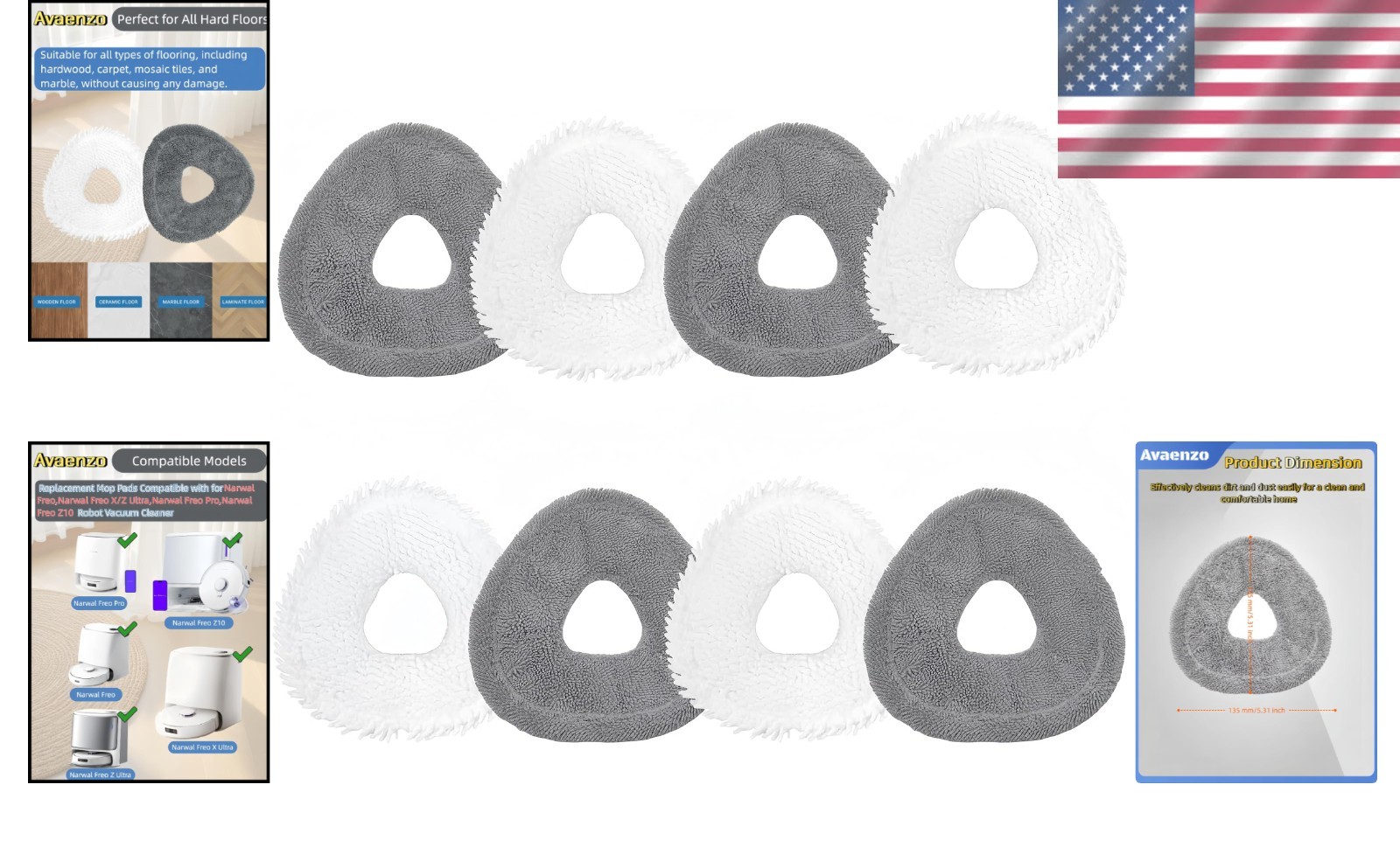 High-Performance Mop Pads for Narwal Vacuum – 8 Pack in Elegant Grey & White