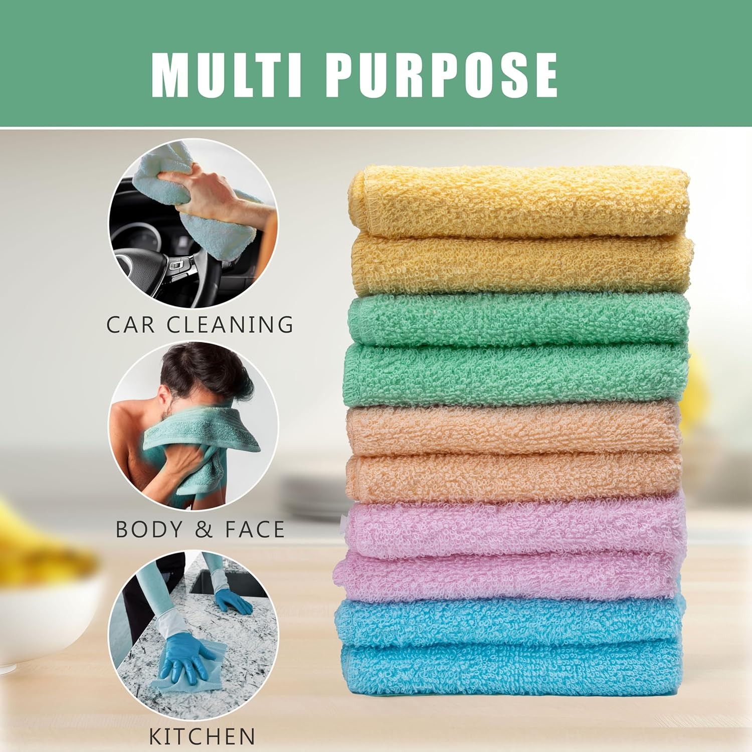 Terry Washcloths – 12×12 Inches – Pack of 10 – Multicolor – Highly Absorbent,