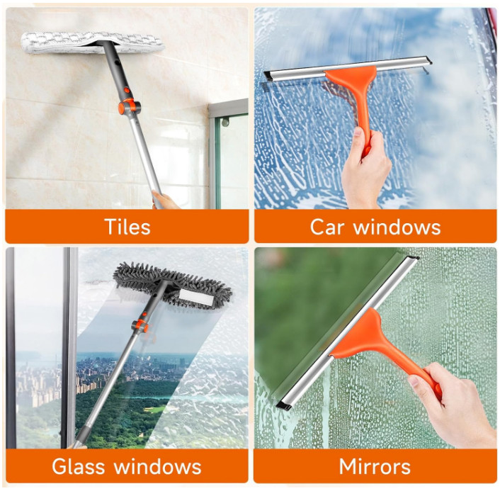 Window Squeegee 2-in-1 with Extendable Pole for High Indoor & Outdoor Glass