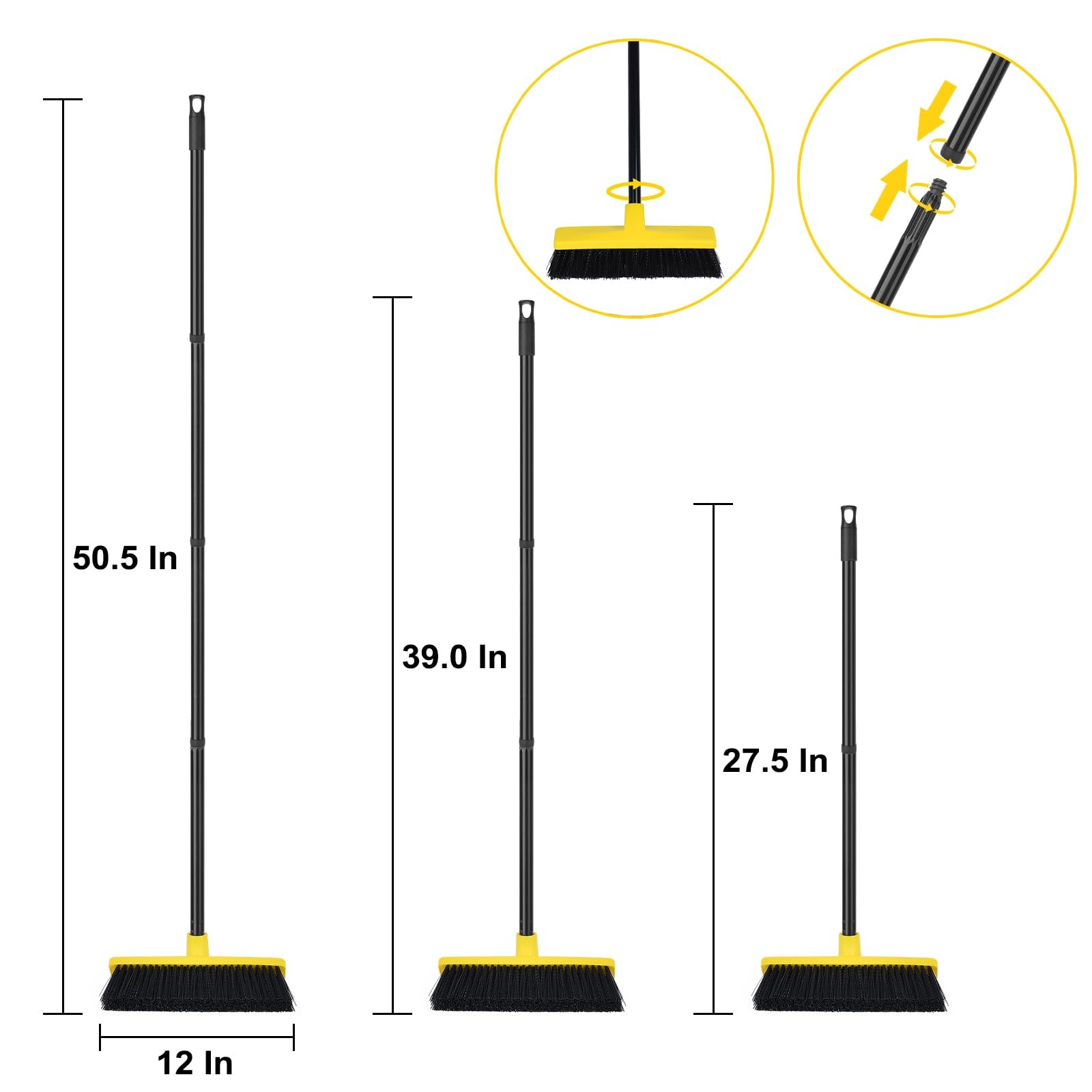 Push Broom Outdoor Indoor 12″ Wide,50″ Long Handle with Yellow Pp