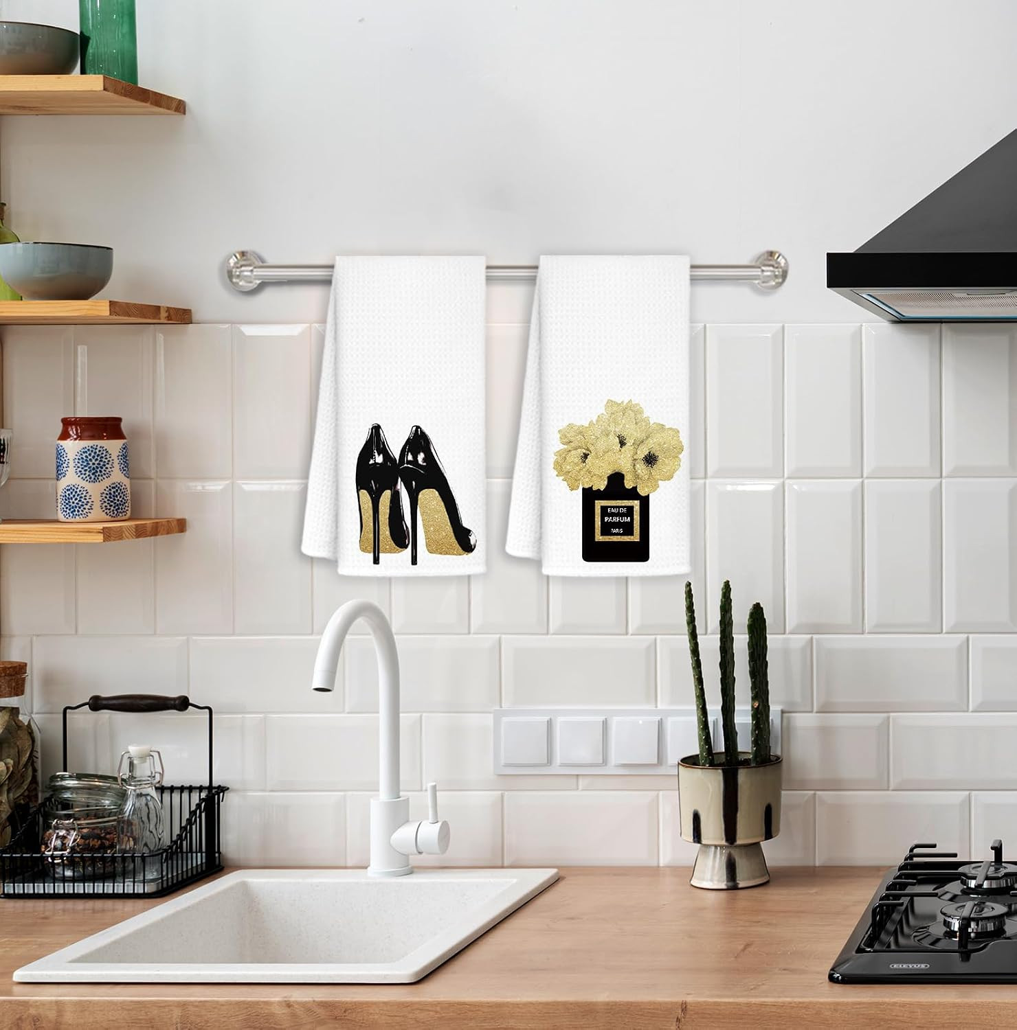 Gold and Black Towels for Bathroom Kitchen Decor, Funky Modern Perfume and High