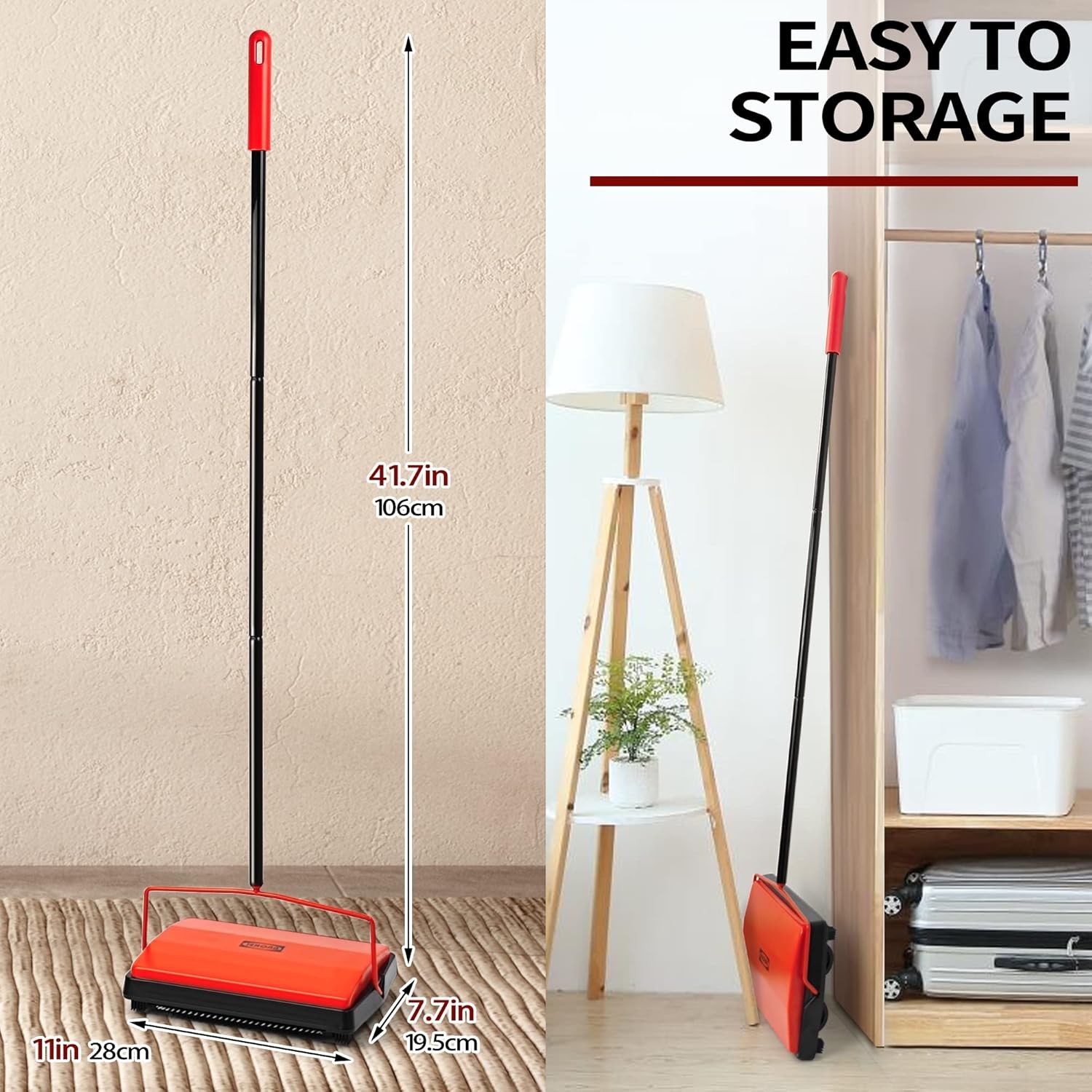 Carpet Floor Sweeper with Horsehair Brush Adjustable Handle Red Non-Electric