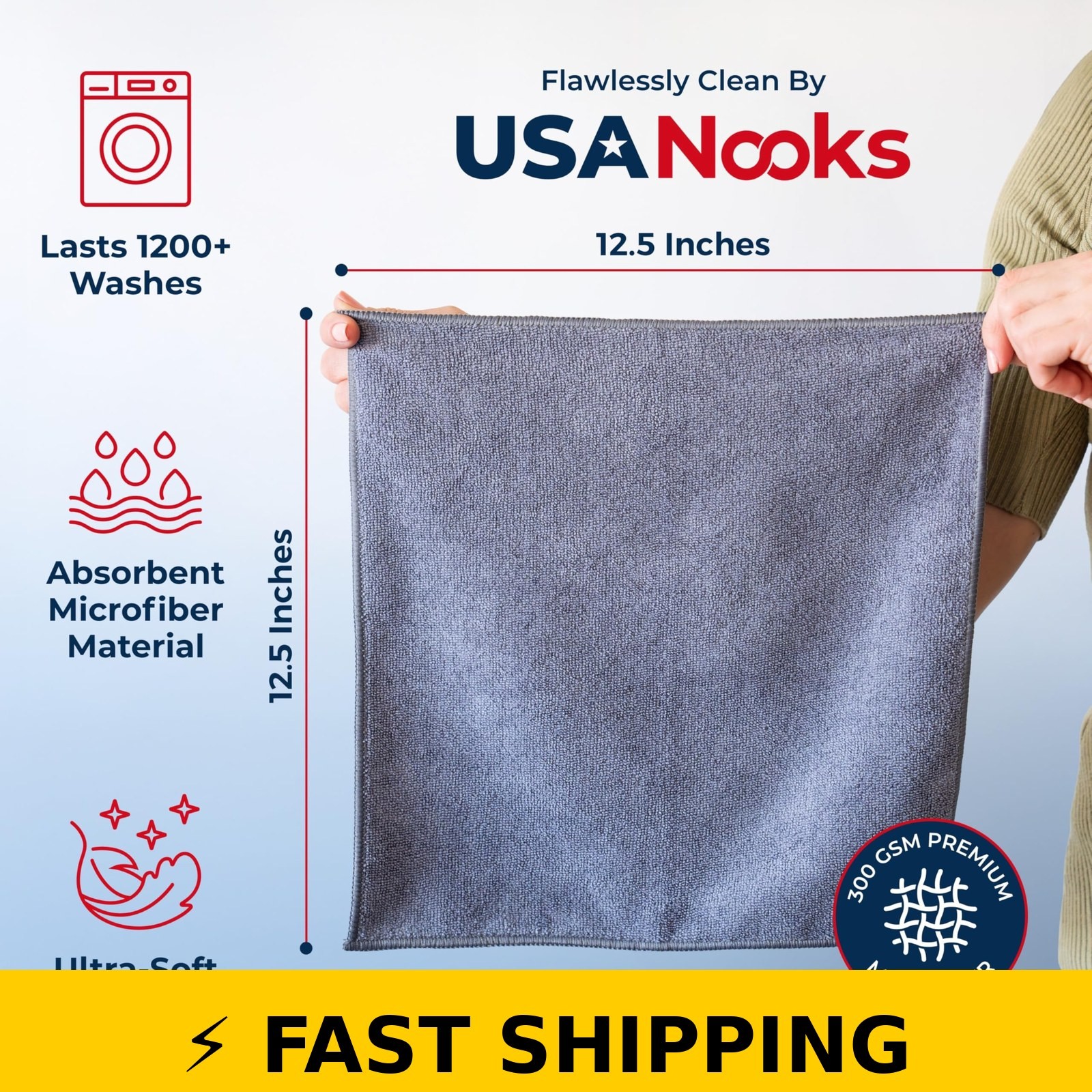 USANOOKS Microfiber Cleaning Cloth 12 Pcs – Ultra Absorbent Grey