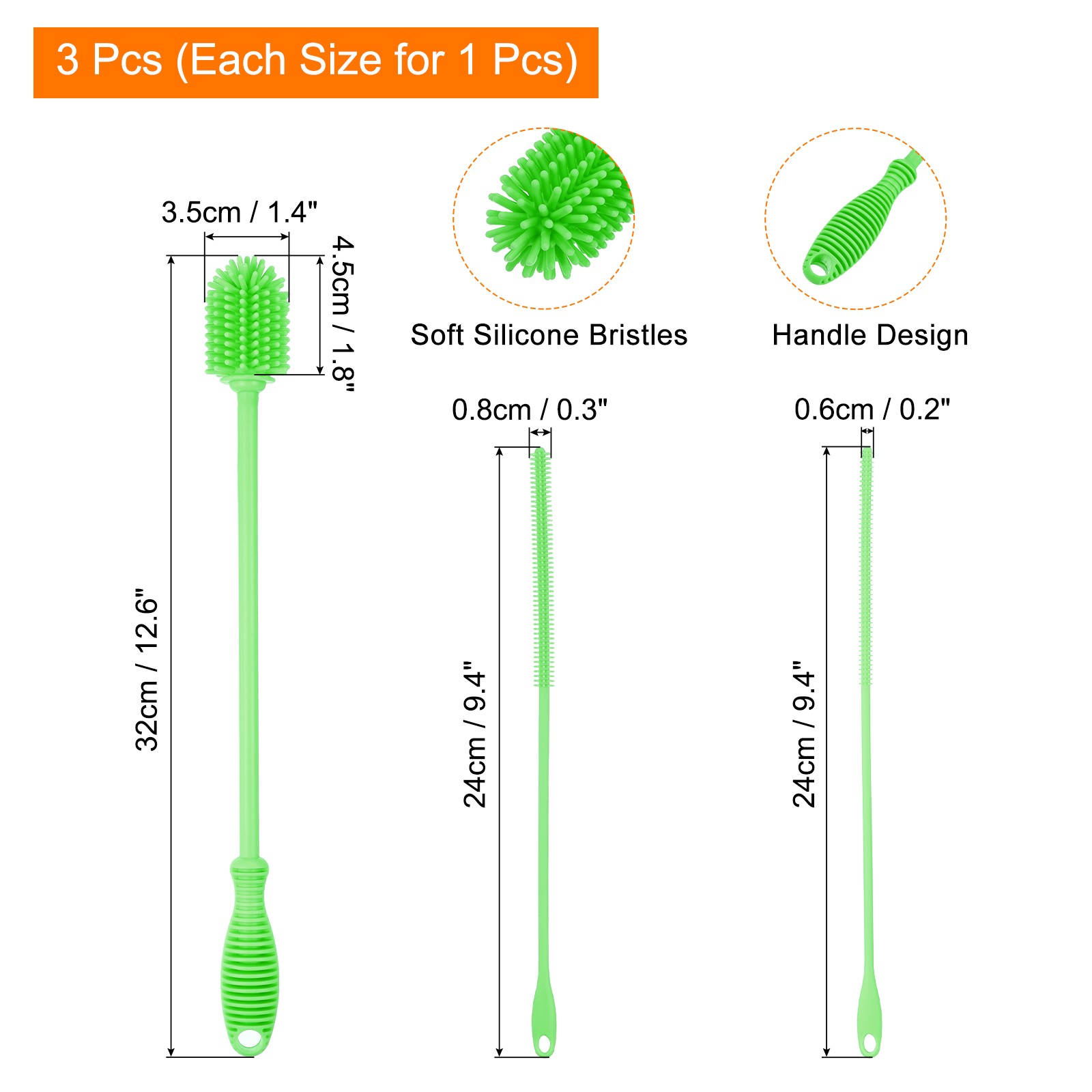 12.5″ Silicone Bottle Brush with 2 Straw Brush, Bottle Cleaner Brushes, Green